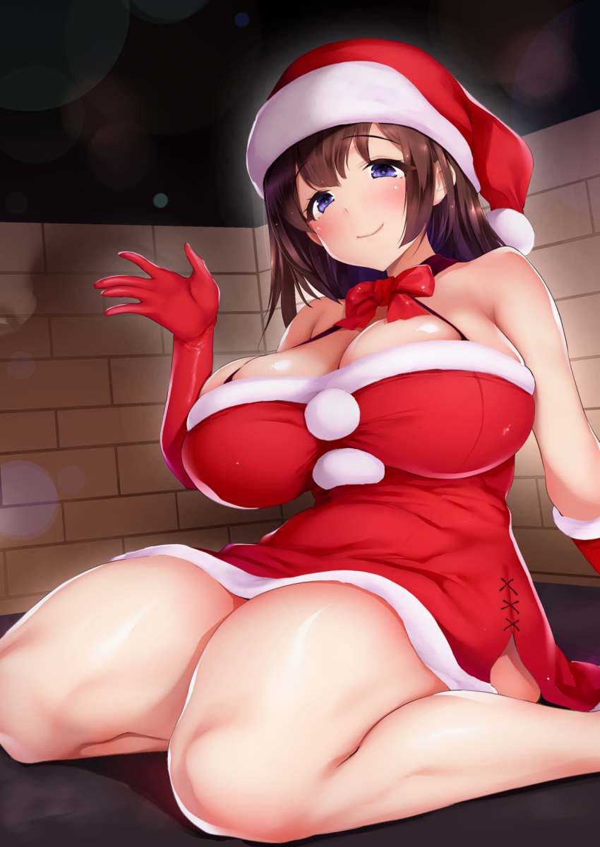 1girl bangs bare_shoulders blue_eyes blush breasts brown_hair cleavage closed_mouth dress elbow_gloves fur-trimmed_dress fur_trim gloves hat highres large_breasts looking_at_viewer medium_hair oohira_sunset original red_dress red_gloves red_headwear santa_hat short_dress sitting smile thighs wariza