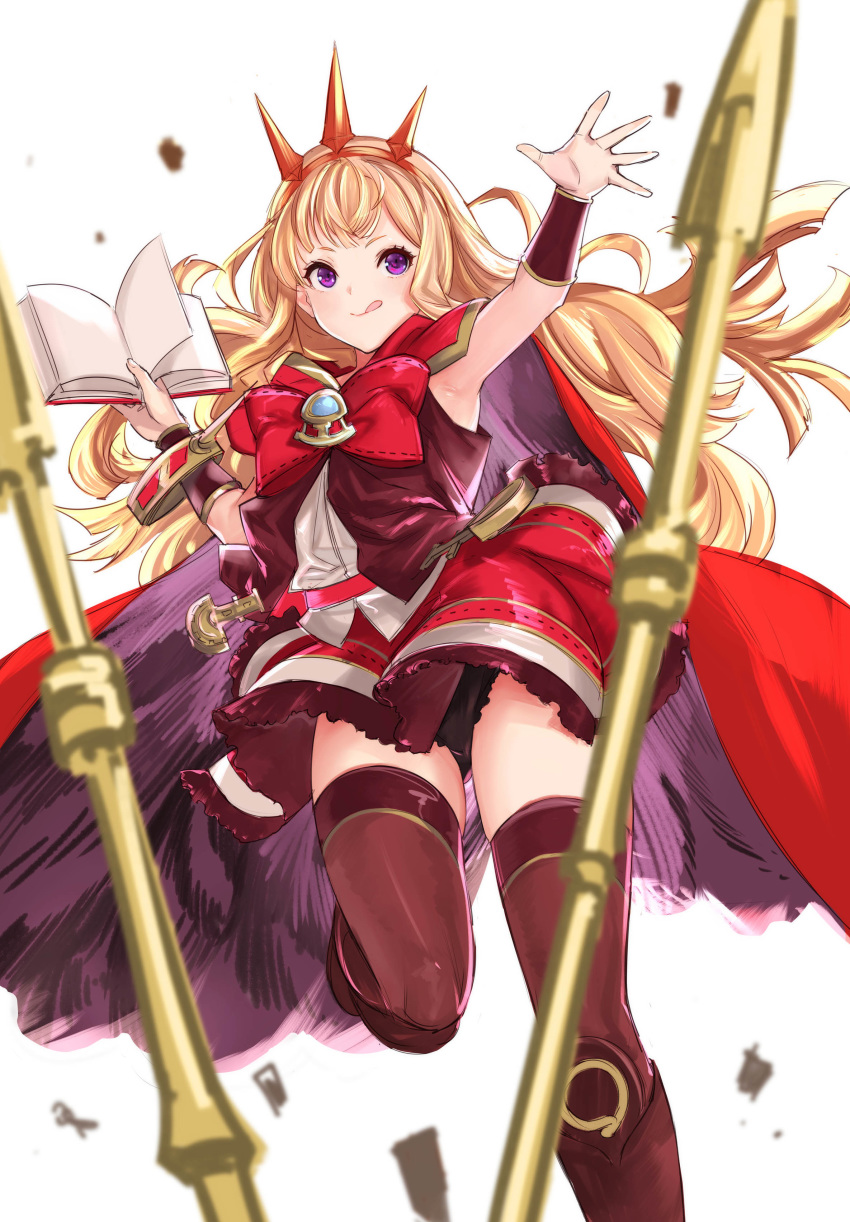 1girl :q absurdres black_footwear black_panties blonde_hair book boots bracer cagliostro_(granblue_fantasy) cape flat_chest granblue_fantasy hairband highres knee_boots long_hair open_book outstretched_arm panties pantyshot polearm purple_eyes purple_legwear red_cape red_skirt skirt solo spear spiked_hairband spikes tetsu_(kimuchi) thighhighs tongue tongue_out underwear upper_body vambraces weapon