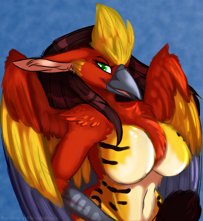 2020 anthro avian beak big_breasts bird breasts digital_media_(artwork) feathered_wings feathers female fur grumpy_griffin_creations gryphon hair hi_res looking_at_viewer mythological_avian mythology nude simple_background smile solo standing wings