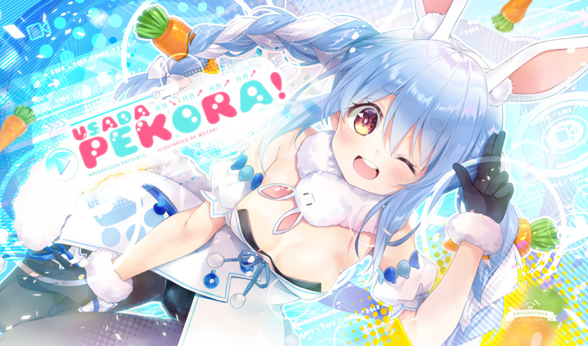 1girl ;d animal_ear_fluff animal_ears arm_up bangs black_gloves black_legwear black_leotard blue_hair blush bow braid breasts brown_eyes bunny-shaped_pupils bunny_ears carrot_hair_ornament catchphrase character_name commentary_request don-chan_(usada_pekora) dress dutch_angle eyebrows_visible_through_hair food_themed_hair_ornament fur-trimmed_dress fur-trimmed_gloves fur_trim gloves hair_between_eyes hair_bow hair_ornament hololive leotard long_hair mocha_(naturefour) multicolored_hair one_eye_closed open_mouth pantyhose round_teeth short_eyebrows small_breasts smile strapless strapless_dress strapless_leotard teeth thick_eyebrows thigh_gap twin_braids twintails two-tone_hair upper_teeth usada_pekora very_long_hair virtual_youtuber white_bow white_dress white_hair