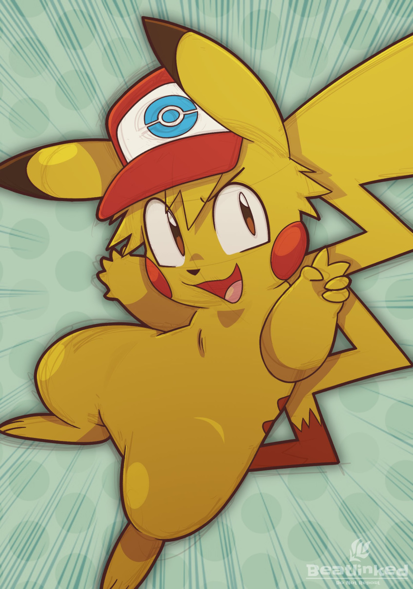 2020 3_toes 5_fingers ashchu back_markings beatlinked brown_eyes clothing dipstick_ears fingers fur gesture guide_lines hat headgear headwear hi_res looking_at_viewer markings multicolored_ears nintendo open_mouth open_smile pikachu pok&eacute;mon pok&eacute;mon_(species) red_cheeks simple_background smile solo toes v_sign video_games watermark yellow_body yellow_fur