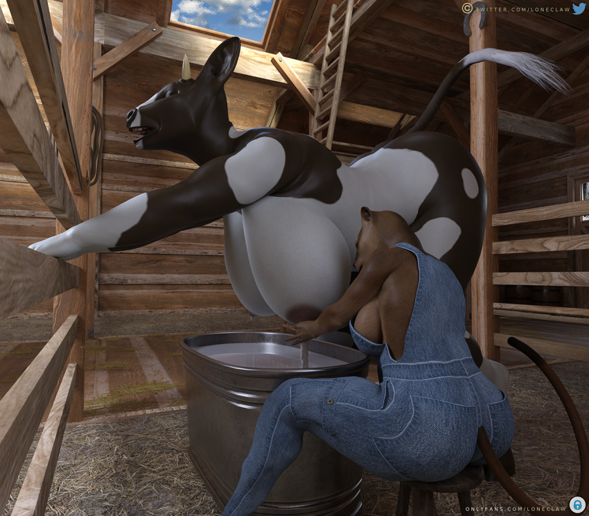 anthro barn bessie_(loneclaw) big_breasts big_butt bodily_fluids bovid bovine breast_milking breasts butt cattle dairy_cow daz3d daz_3d duo farm felid feline female female/female huge_breasts huge_butt huge_thighs lactating larger_female lion loneclaw mammal milk milkmaid_(profession) nipple_fetish nipple_pinch nipple_play onlyfans pantherine pinch size_difference smaller_female smile text thick_thighs url
