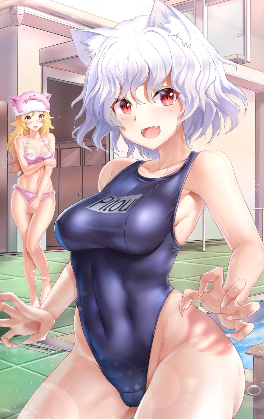 2girls absurdres animal_ear_fluff animal_ears arm_across_waist armpits bangs barefoot bikini blonde_hair blue_swimsuit blush breasts cat_ears cat_tail claws clothes_writing collarbone covered_navel covering covering_crotch eyebrows_visible_through_hair fangs hair_between_eyes highleg highleg_swimsuit highres hina_(hunter_x_hunter) hunter_x_hunter long_hair looking_at_viewer medium_breasts multiple_girls navel neferpitou one-piece_swimsuit open_mouth oxenia pink_bikini pool poolside red_eyes short_hair slit_pupils smile standing swimsuit tail thighs wavy_hair wet wet_clothes wet_hair white_hair yellow_eyes