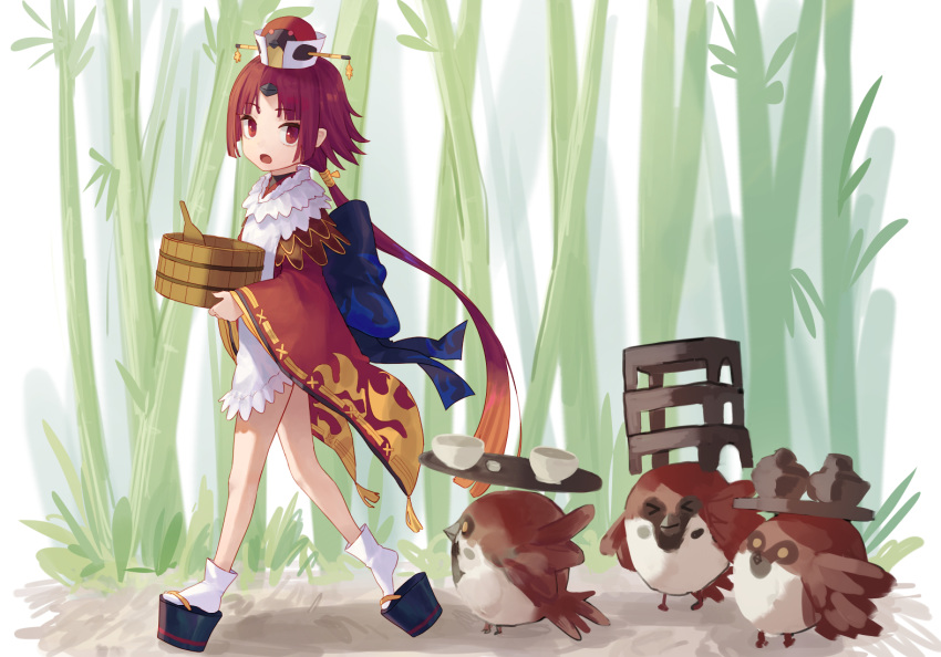 1girl 7aehyun apron bamboo bamboo_forest benienma_(fate/grand_order) bird brown_eyes brown_hair fate/grand_order fate_(series) forest hat long_hair low_ponytail nature ohitsu rice_spoon sparrow tray walking wide_sleeves