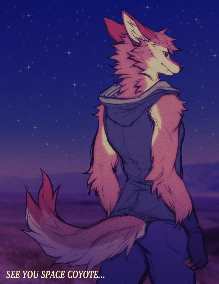 2020 anthro arm_tuft canid canine canis clothed clothing coyote detailed_background elbow_tufts english_text falvie fully_clothed fur head_tuft hi_res male mammal outside shoulder_tuft sky solo star starry_sky text tuft