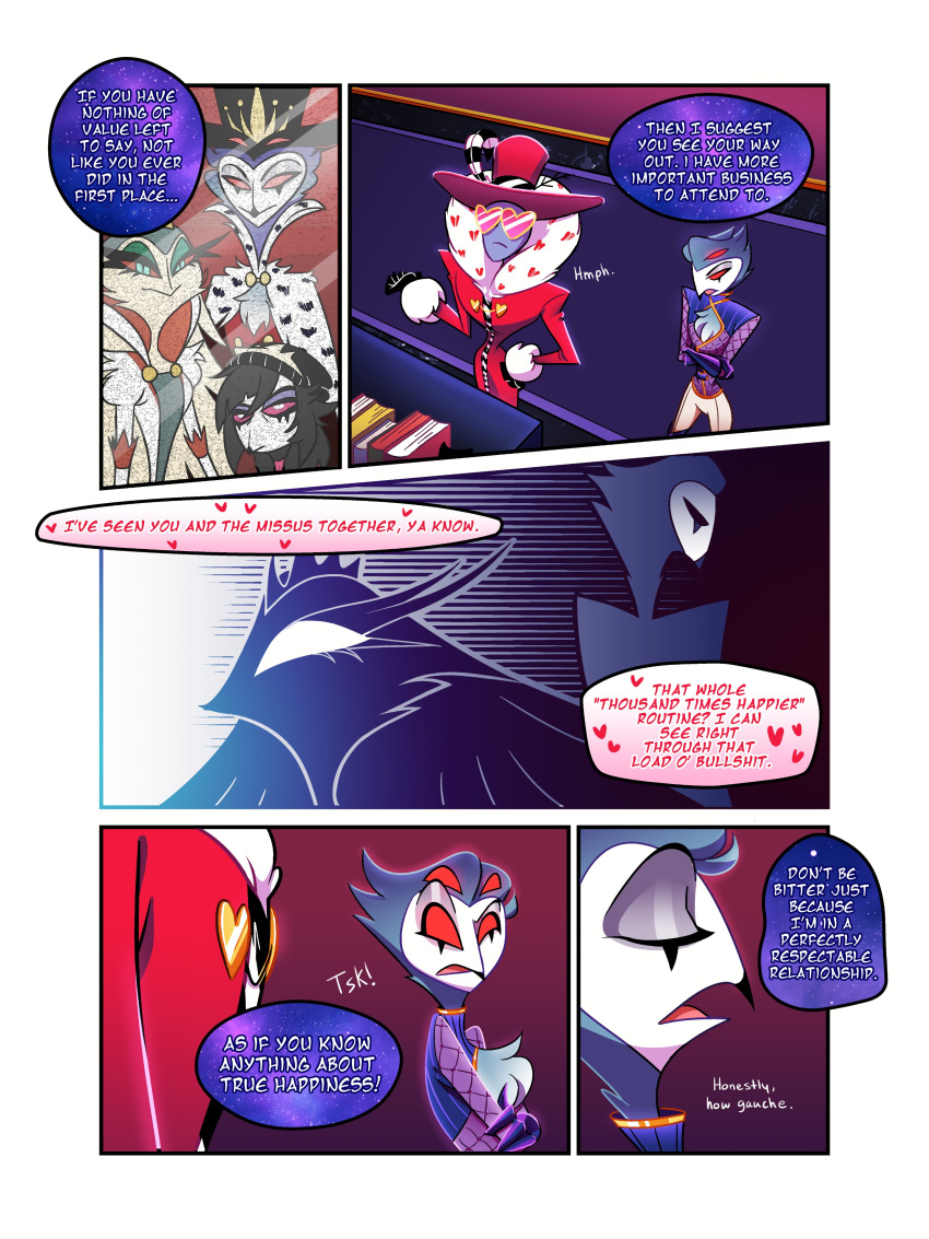 &lt;3 3:4 4_eyes absurd_res anthro avian bird clothed clothing comic demon dialogue duo english_text hazbin_hotel helluva_boss hi_res male multi_eye octavia_(vivzmind) owl red_eyes speach_bubble stella_(vivzmind) stolas_(vivzmind) text valentino_(vivzmind)