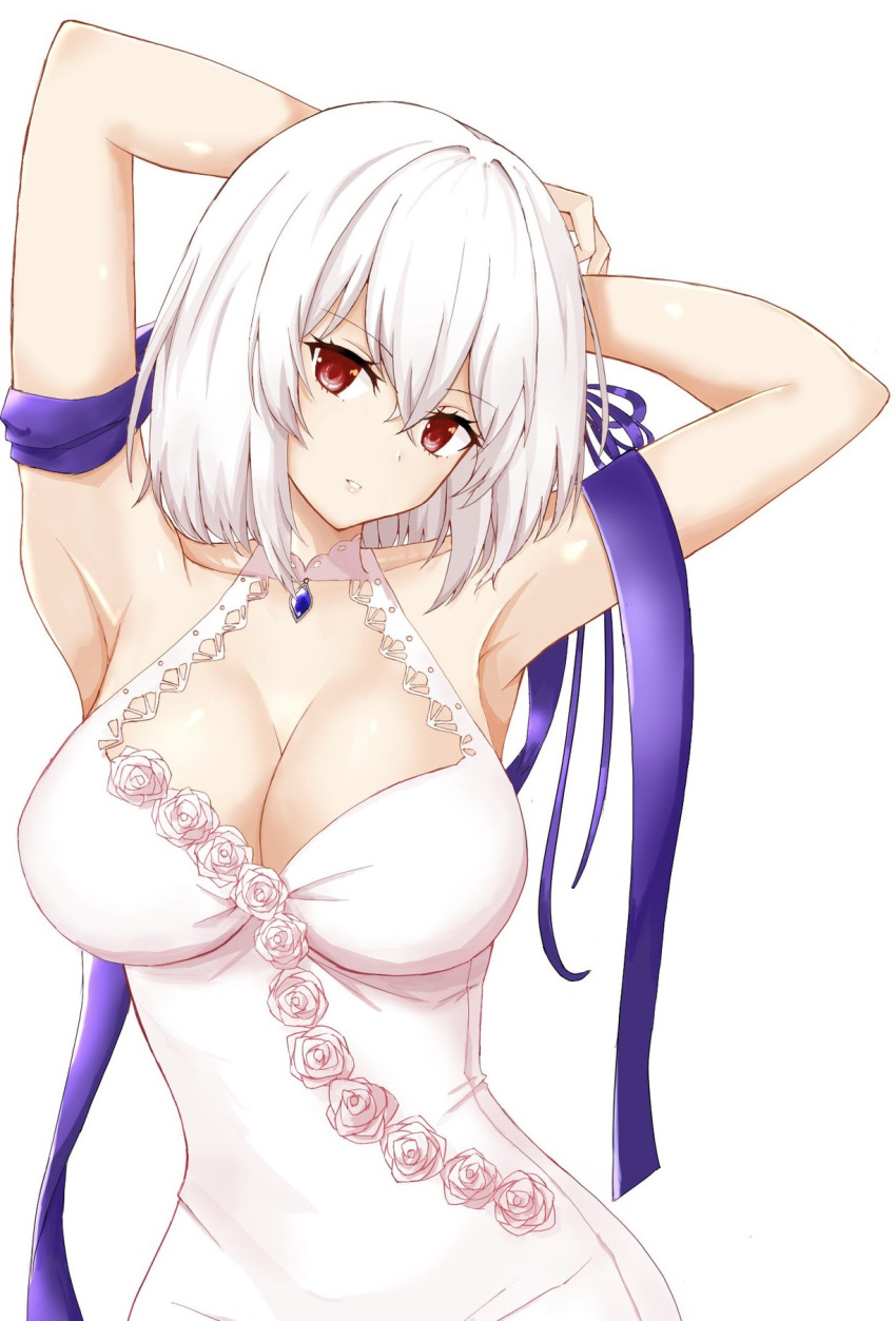 1girl artist_request azur_lane breasts cleavage cleavage_cutout clothing_cutout dress flower flower-trimmed_dress halter_dress highres large_breasts medium_hair purple_ribbon red_eyes ribbon rose sapphire_(gemstone) simple_background sirius_(azur_lane) sirius_(white_rose)_(azur_lane) sleeveless sleeveless_dress solo white_background white_dress white_flower white_hair white_rose