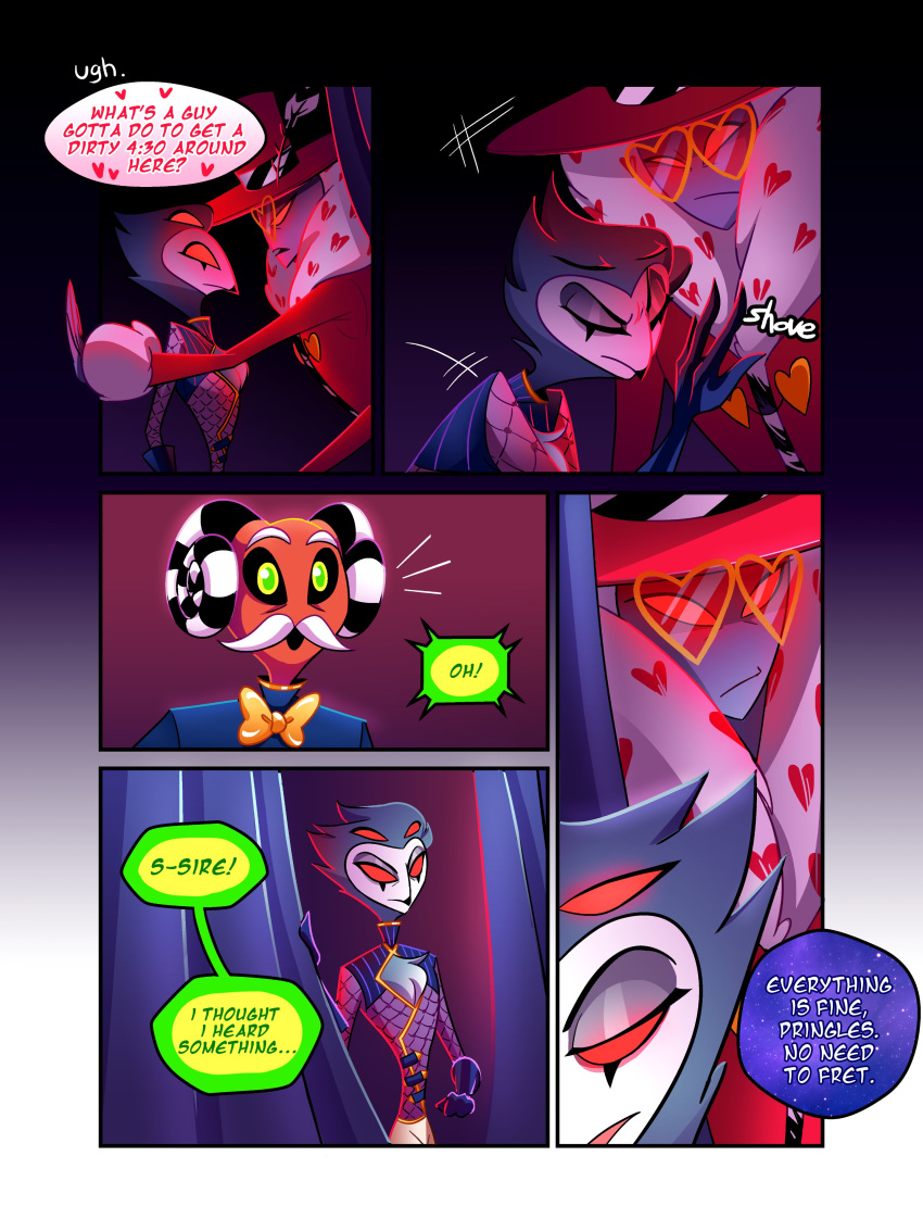 &lt;3 3:4 4_eyes absurd_res anthro avian bird clothed clothing comic demon dialogue english_text group hazbin_hotel helluva_boss hi_res imp male multi_eye owl red_eyes speach_bubble stolas_(vivzmind) text valentino_(vivzmind)