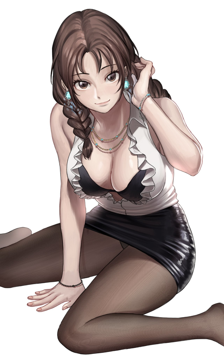 1girl black_skirt bracelet braid breasts brown_eyes brown_hair brown_legwear cleavage commentary earrings english_commentary fingernails frilled_shirt_collar frills hair_over_shoulder hanny_(uirusu_chan) highres jewelry julia_chang large_breasts leather_skirt looking_at_viewer medium_hair nail_polish necklace no_shoes office_lady panties panties_under_pantyhose pantyhose pantyshot pencil_skirt shirt skirt sleeveless sleeveless_shirt solo tekken twin_braids underwear white_background white_shirt