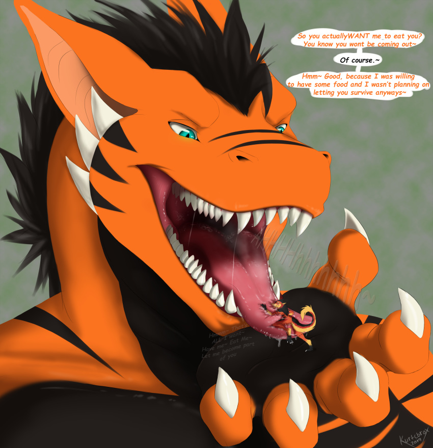 2019 5_fingers absurd_res anthro anthro_pred anthro_prey bodily_fluids dragon duo english_text female female_prey fingers hi_res holding_character humanoid_hands kurtcbrox male male_pred micro micro_in_hand on_tongue open_mouth oral_vore saliva saliva_string scalie sergal sharp_teeth signature simple_background teeth text tongue tongue_out vore western_dragon willing_vore