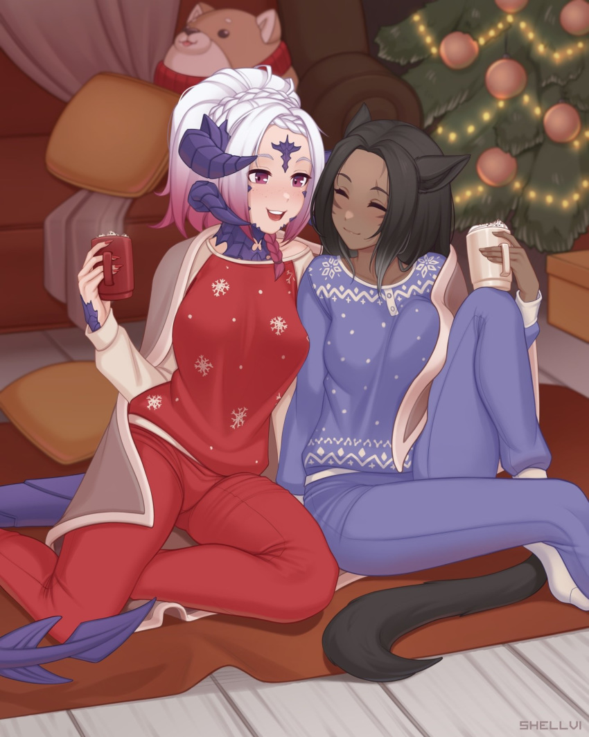 2girls :d animal_ears au_ra black_hair blonde_hair blush braid braided_bangs braided_ponytail breasts cat_ears christmas christmas_tree closed_eyes closed_mouth commentary commission cup dark_skin dark_skinned_female english_commentary final_fantasy final_fantasy_xiv fingernails freckles highres holding holding_cup horns large_breasts looking_at_another miqo'te mug multiple_girls multiple_horns nail_polish on_floor open_mouth original pajamas ponytail purple_pajamas red_eyes red_nails red_pajamas rug shellvi side-by-side sitting smile upper_teeth yokozuwari