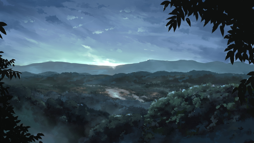 absurdres blue_sky chinese_commentary cloud cloudy_sky commentary_request cronstatd foliage gensoukyou gradient_sky grass highres hill landscape leaf morning mountainous_horizon no_humans outdoors reflection scenery sky sunlight sunrise touhou