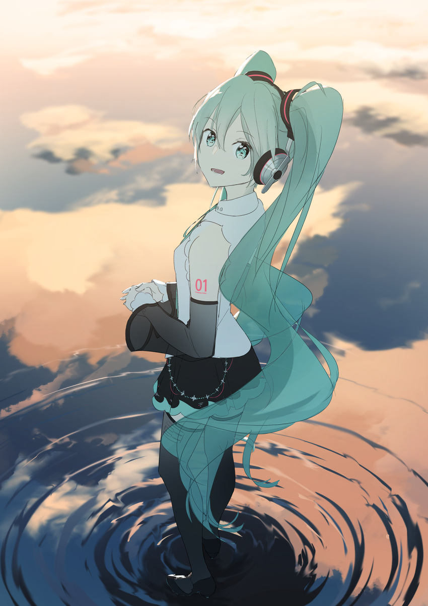 1girl aqua_eyes aqua_hair bare_shoulders black_legwear black_skirt black_sleeves commentary destroikan detached_sleeves from_above from_side hair_ornament hatsune_miku hatsune_miku_(nt) headphones high_heels highres long_hair looking_at_viewer looking_back miniskirt neck_ribbon open_mouth piapro pleated_skirt ribbon ripples see-through_legwear see-through_sleeves shirt shoulder_tattoo skirt sky sleeveless sleeveless_shirt smile solo standing standing_on_liquid tattoo thighhighs twilight twintails very_long_hair vest vocaloid white_shirt white_sleeves zettai_ryouiki