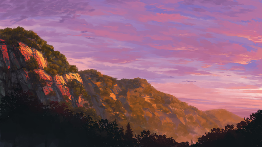 absurdres blue_sky chinese_commentary cliff cloud cloudy_sky commentary_request cronstatd day evening forest gensoukyou gradient_sky highres hill landscape nature no_humans orange_sky outdoors pink_sky scenery sky sunset touhou tree