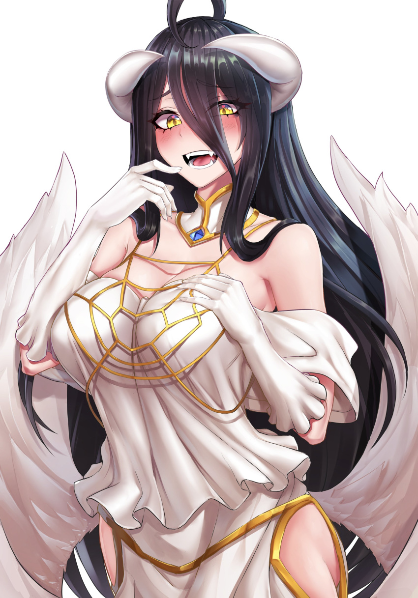 1girl :d absurdres ahoge albedo ass bangs bare_shoulders black_hair blush breasts cleavage demon_girl demon_horns dress eyebrows_visible_through_hair eyes_visible_through_hair fangs feathered_wings finger_to_mouth gloves hair_between_eyes hand_on_own_chest heart heart-shaped_pupils highres horns large_breasts long_hair looking_at_viewer low_wings open_mouth overlord_(maruyama) oxenia skindentation slit_pupils smile solo symbol-shaped_pupils white_dress white_gloves white_wings wings yellow_eyes