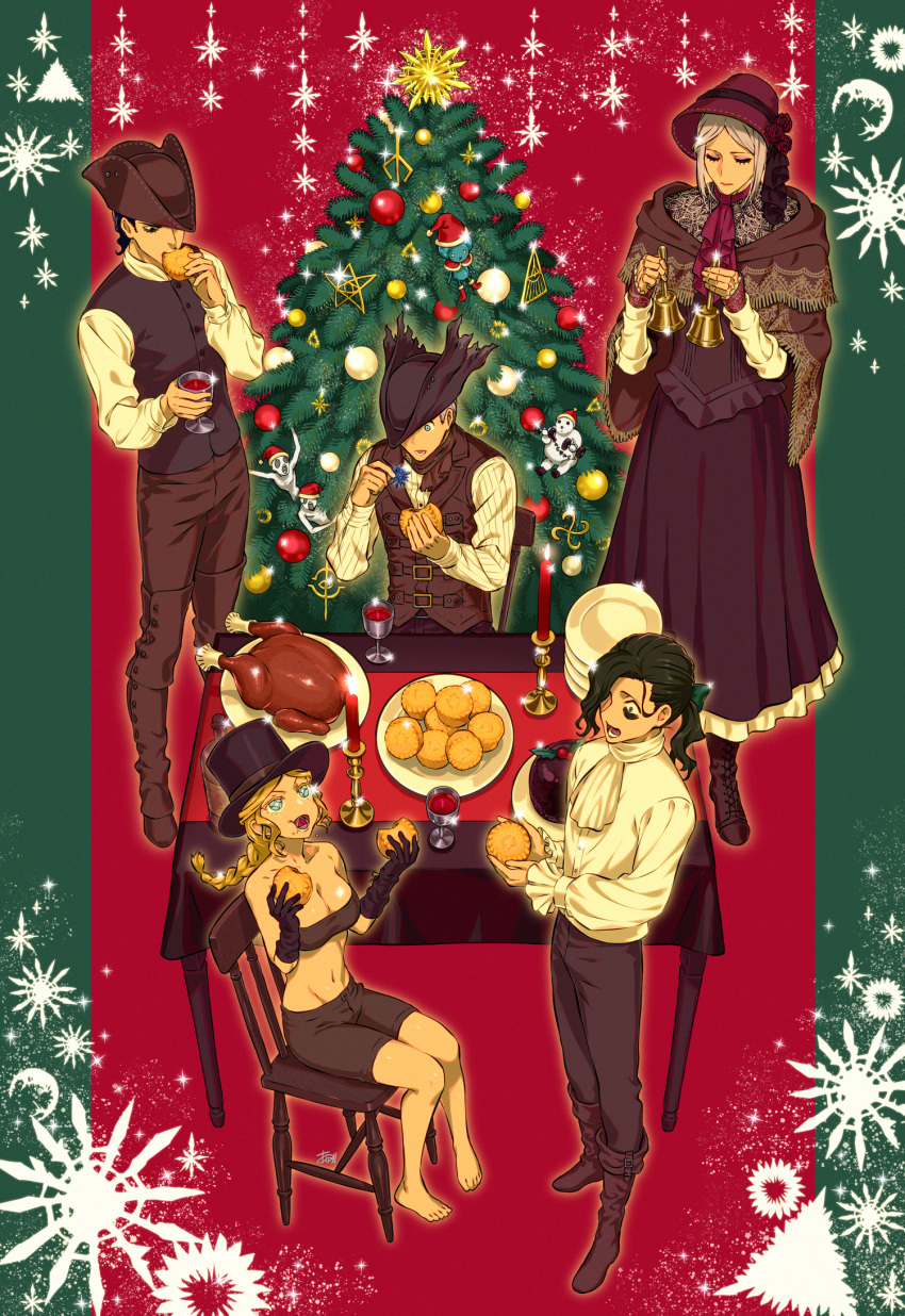 2girls 3boys alcohol arizuka_(catacombe) bangs barefoot bell belt black_eyes black_hair blonde_hair bloodborne blue_eyes bonnet boots bra braid breasts candle candlestand chair christmas christmas_lights christmas_ornaments christmas_tree cleavage cloak closed_eyes closed_mouth collarbone commentary_request cup doll_joints dress dumbbell eating flower food food_in_mouth frilled_sleeves frills gem gloves goblet green_eyes hair_ribbon hat highres holding holding_cup holding_food hunter_(bloodborne) jacket joints long_hair long_skirt long_sleeves midriff muffin multiple_boys multiple_girls navel one_eye_covered open_mouth pants plain_doll plate plate_stack ponytail pudding ribbon santa_hat scarf short_hair shorts silver_hair single_braid skirt smile sparkle sparkling_eyes standing swept_bangs table tied_hair top_hat tree tricorne turkey_(food) underwear white_hair wine