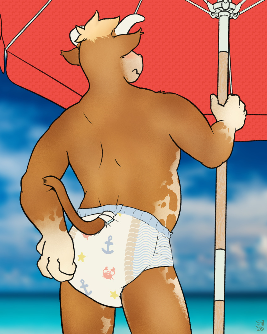 absurd_res ageplay anthro beach bovid bovine cattle crinklemouse diaper hi_res infantilism male mammal public public_nudity seaside solo