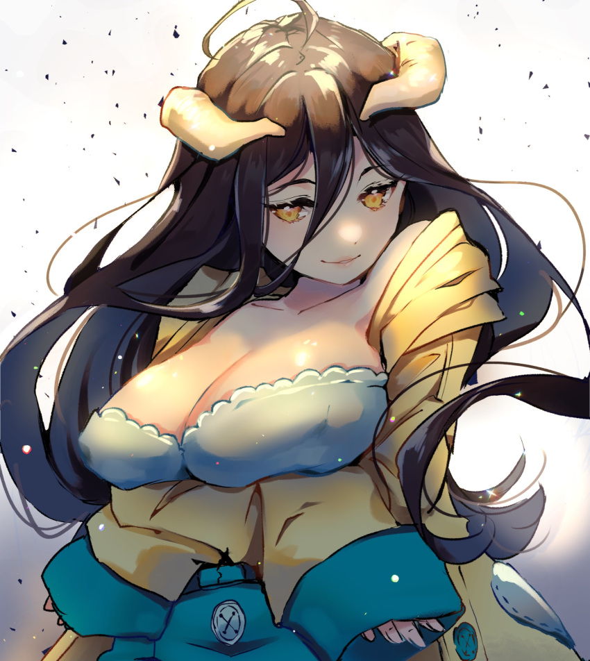 1girl ahoge albedo breasts cleavage covered_nipples crossed_arms demon_girl demon_horns dress fingernails hair_between_eyes highres horns large_breasts lips long_hair messy_hair nachoz_(nachozart) off-shoulder_dress off_shoulder overlord_(maruyama) sleeves_past_wrists smile solo white_horns yellow_eyes