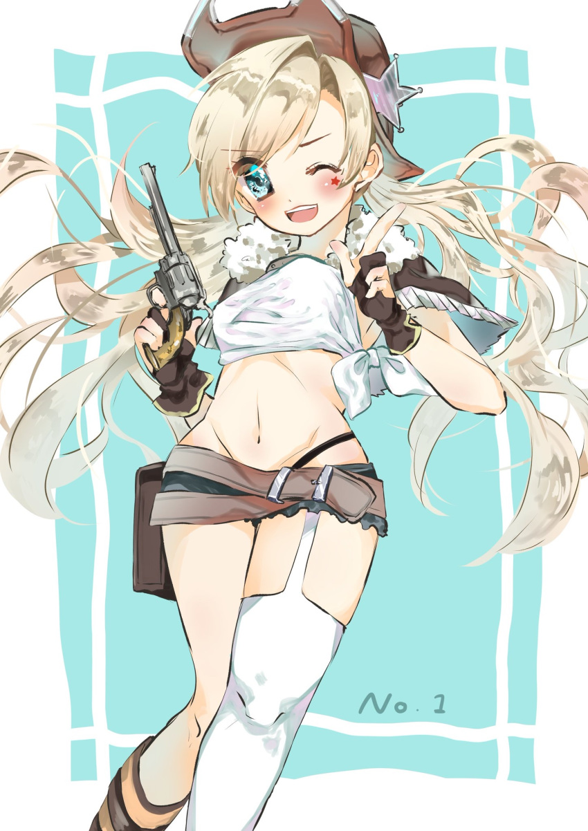 1girl belt blonde_hair blue_eyes colt_m1873_(girls_frontline) colt_single_action_army commentary_request cowboy_hat denim denim_shorts finger_gun girls_frontline gloves gun handgun hat highres holding holding_gun holding_weapon long_hair midriff mismatched_legwear one_eye_closed open_mouth partially_fingerless_gloves pistol revolver shorts simple_background solo star_(symbol) very_long_hair weapon yukito118