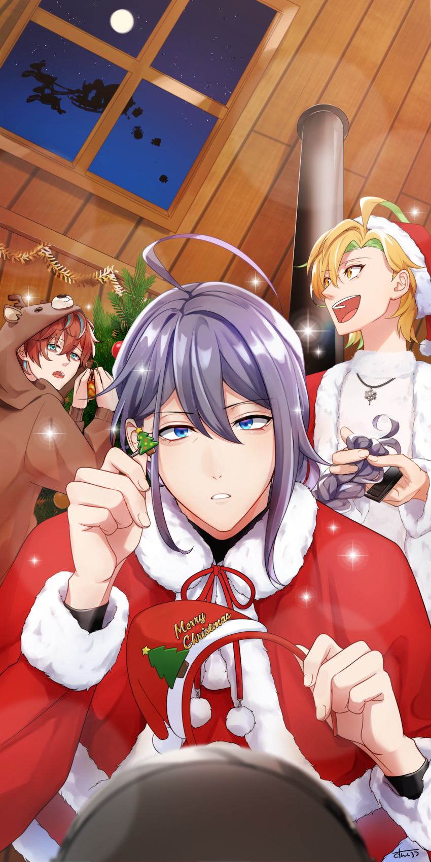 3boys :d absurdres ahoge blonde_hair blue_eyes blue_hair braiding_hair christmas_tree commentary deer_costume gift green_hair hairdressing hand_up hat hat_removed headwear_removed highres hypnosis_mic indoors izanami_hifumi jinguuji_jakurai kannonzaka_doppo long_hair male_focus matenrou_(hypnosis_mic) moon multicolored_hair multiple_boys night open_mouth ornament purple_hair red_hair red_headwear reindeer santa_hat short_hair sidelocks silhouette skylight sleigh smile snowflake_necklace sunsirou very_long_hair yellow_eyes