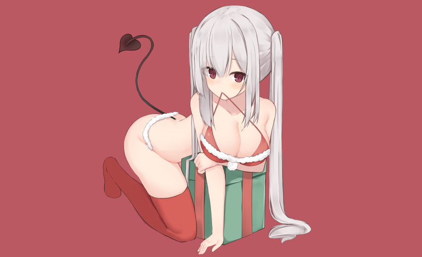 ass bikini blush breast_hold breasts christmas cleavage demon gray_hair long_hair memekko original red red_eyes swimsuit tail thighhighs twintails undressing