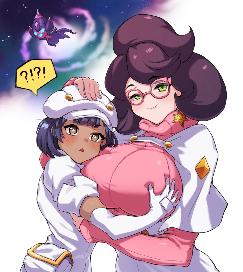 !? 2girls aether_foundation_employee aether_foundation_uniform big_hair black_hair blush breast_grab breasts brown_eyes cabbie_hat cleanerjay commentary dark_skin dark_skinned_female galaxy gen_7_pokemon glasses grabbing green_eyes hat highres hug huge_breasts multiple_girls petting pink-framed_eyewear poipole pokemon ribbed_sweater short_hair simple_background smile smug space sparkling_eyes spoken_interrobang star_(sky) sweater triangle_mouth turtleneck turtleneck_sweater ultra_beast upper_body white_background wicke_(pokemon) yuri