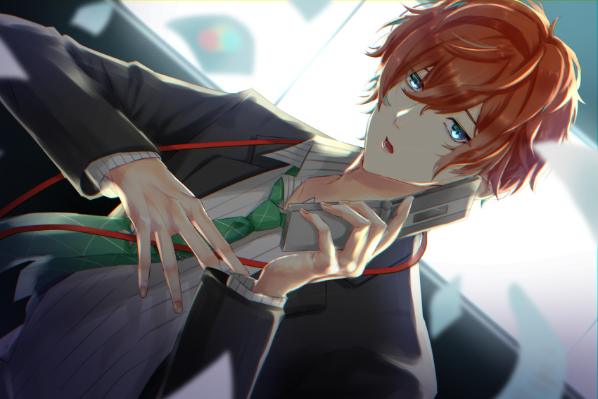 1boy aqua_hair blazer blue_eyes blurry blurry_background cellphone dutch_angle green_neckwear hair_between_eyes highres holding holding_phone hypnosis_mic jacket kannonzaka_doppo long_sleeves looking_at_viewer male_focus multicolored_hair necktie nekosara_2 papers phone red_hair shirt short_hair solo streaked_hair striped striped_shirt talking vertical-striped_shirt vertical_stripes