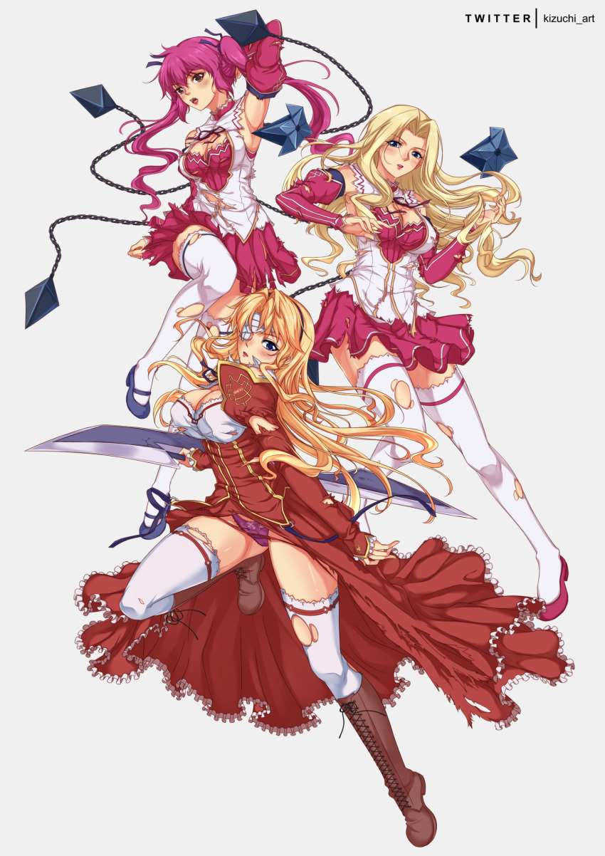 3girls absurdres artist_name bandage_over_one_eye bandages blade blonde_hair blue_eyes boots breasts brown_eyes chain cleavage detached_sleeves elizabeth_mayberry freezing genessa_roland hair_ribbon hairband highres kizuchi_r long_hair mary_janes multiple_girls panties pink_hair purple_panties ribbon satellizer_el_bridget school_uniform shoes skirt thighhighs torn_clothes torn_legwear torn_skirt torn_sleeves twintails underwear very_long_hair