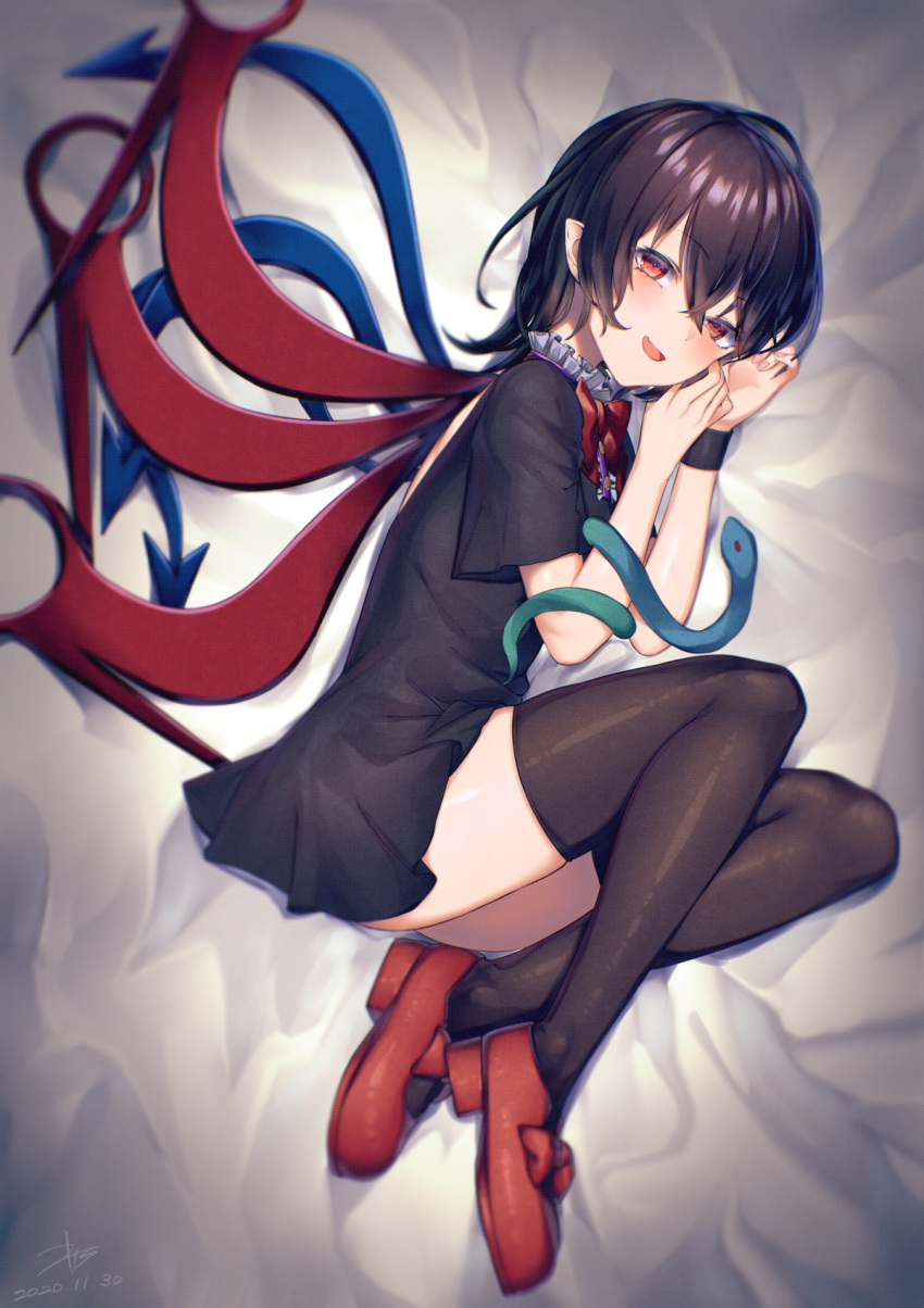 1girl :d ass asymmetrical_wings black_skirt black_wristband blush bow crossed_legs fang full_body hair_between_eyes hand_on_own_cheek hand_on_own_face hands_up highres houjuu_nue kisamu_(ksmz) knee_up legs legs_folded looking_at_viewer looking_to_the_side looking_up lying mary_janes medium_hair on_bed on_side open_mouth red_bow red_eyes red_footwear shoe_bow shoes skindentation skirt smile snake solo thighhighs thighs touhou upskirt wings