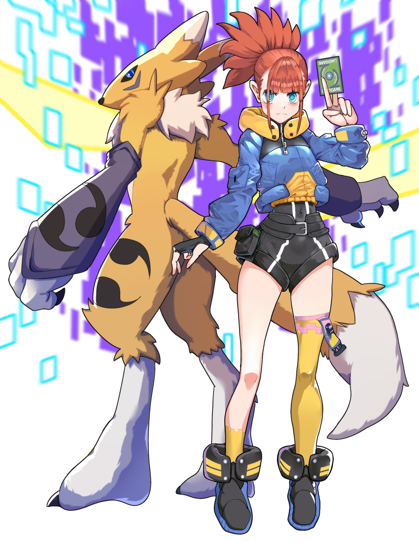 1girl absurdres alternate_costume asymmetrical_legwear black_footwear black_gloves black_leotard blue_eyes blue_jacket blush brown_hair card claws clip_studio_paint_(medium) closed_mouth commentary covered_navel digimon digimon_tamers fingerless_gloves full_body furry gloves hand_up highres holding holding_card jacket leotard long_sleeves makino_ruki ponytail pouch renamon serious shoes single_glove standing tail thighhighs yellow_legwear yeo_yee_heng zipper zipper_pull_tab