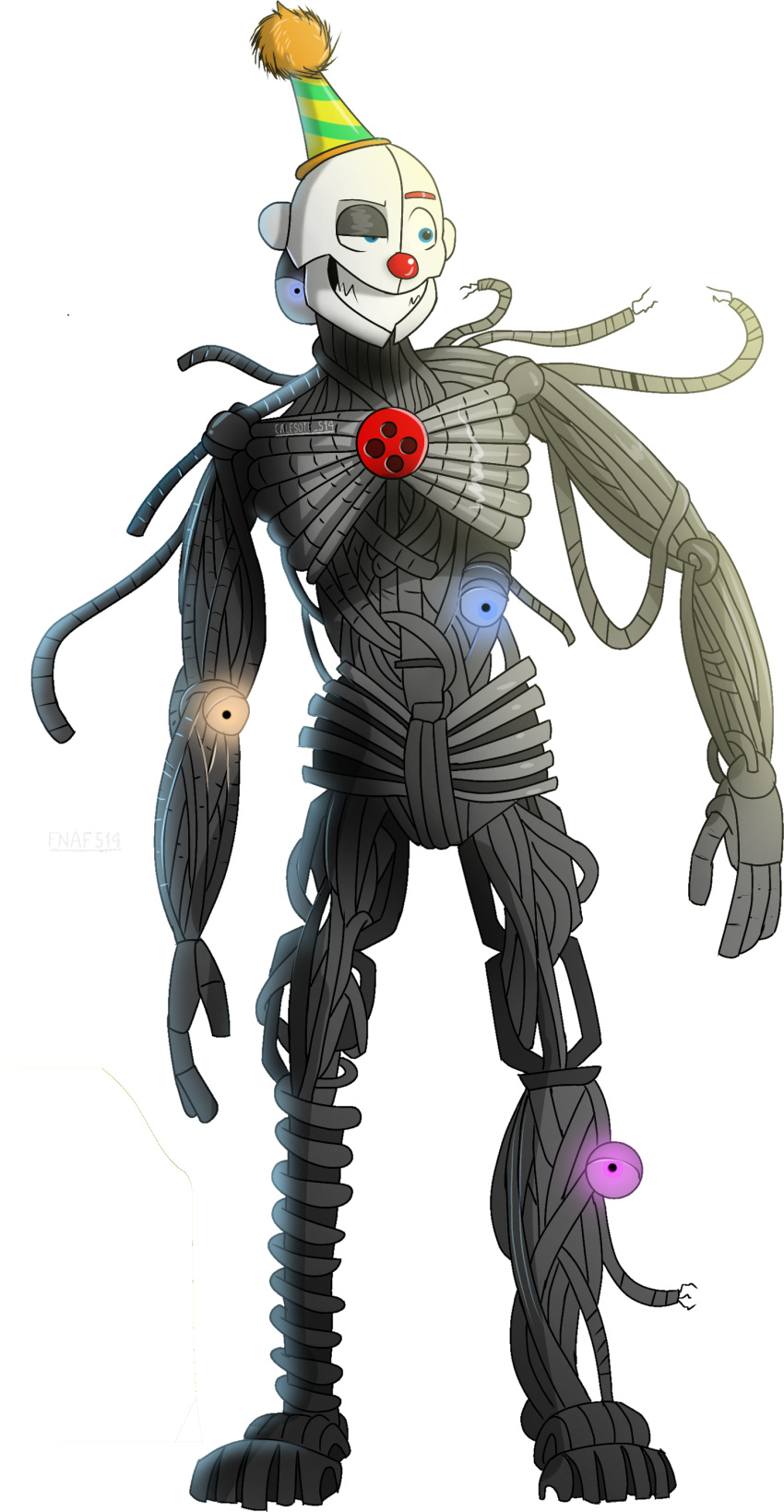2020 absurd_res alpha_channel animatronic barefoot blue_eyes calesote514 clothing clown clown_nose ennard_(fnafsl) eyebrows fingers five_nights_at_freddy's glowing glowing_eyes grey_body half-closed_eyes hat headgear headwear hi_res humanoid looking_aside looking_away machine male metal metallic metallic_body narrowed_eyes not_furry orange_eyebrows orange_eyes party_hat pink_eyes red_nose robot sharp_teeth signature simple_background sister_location smile solo standing teeth transparent_background video_games wire