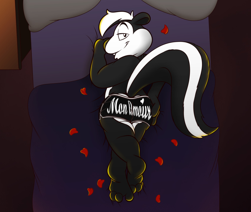 2020 anthro bed big_butt big_tail black_and_white_fur bottomwear butt butt_heart clothing digital_media_(artwork) fatzoimp flower_petals fur furniture hair hi_res hotpants looking_at_viewer looking_back looney_tunes lying male mammal mephitid on_bed on_front pep&eacute;_le_pew petals pinup pose presenting presenting_hindquarters raised_tail rear_view rose_petals shorts skunk smile smirk solo striped_skunk underwear warner_brothers