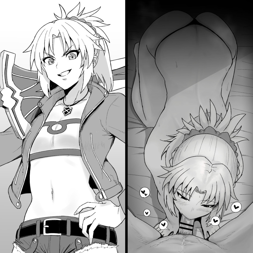 1boy 1girl absurdres bar_censor belt censored denim denim_shorts fate/apocrypha fate_(series) fellatio greyscale guhanshounen highres jewelry midriff monochrome mordred_(fate) mordred_(fate)_(all) navel necklace oral penis ponytail pov shorts thong