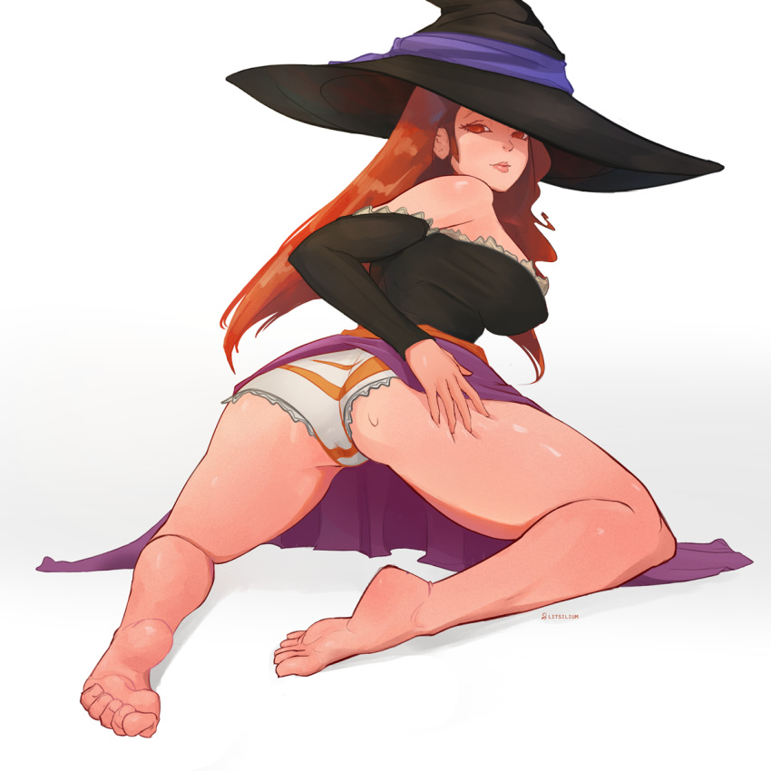 1girl ass bare_legs bare_shoulders barefoot breasts covered_nipples dragon's_crown full_body hat highres kneeling large_breasts lips litsilium long_hair orange_hair panties simple_background solo sorceress sorceress_(dragon's_crown) underwear white_background witch_hat