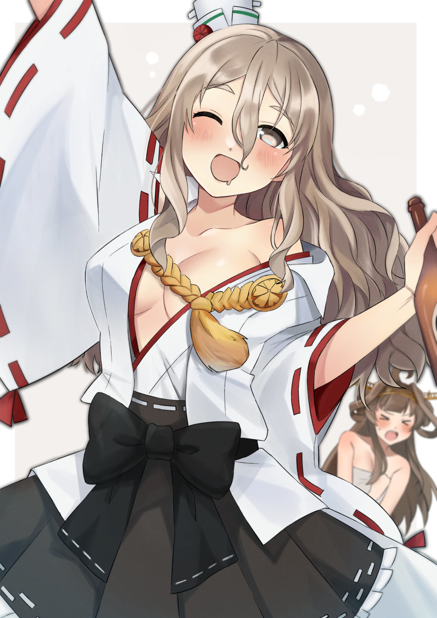 &gt;_&lt; 2girls absurdres ahoge alcohol bangs bare_shoulders black_hakama black_skirt blush bottle breasts brown_eyes brown_hair cleavage collarbone commission cosplay covering detached_sleeves drooling drunk embarrassed grey_hair hairband hakama hakama_skirt hat highres japanese_clothes kantai_collection kongou_(kantai_collection) kongou_(kantai_collection)_(cosplay) large_breasts long_hair mini_hat multiple_girls nontraditional_miko one_eye_closed open_clothes open_mouth pola_(kantai_collection) ribbon-trimmed_sleeves ribbon_trim skeb_commission skirt thick_eyebrows toriniku_senshi_chikinman wavy_hair white_background