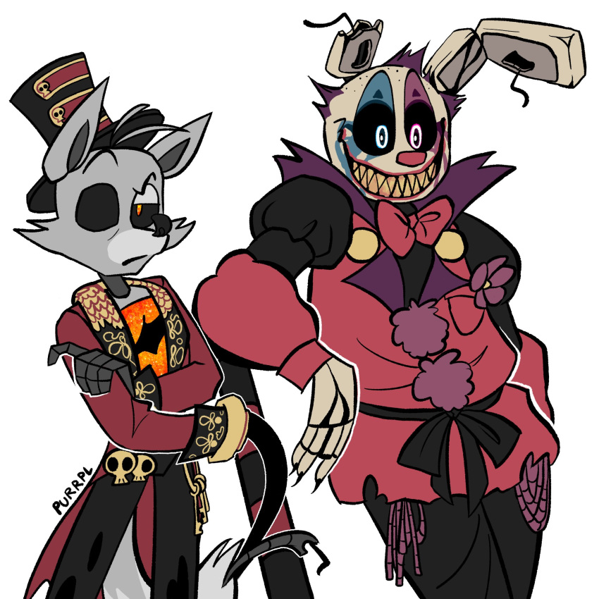 1:1 1_eye 2020 4_fingers angry animatronic annoyed anthro black_eyebrows black_nose black_sclera blue_eyes bone bottomwear bow_tie canid canine claws clothed clothing clown clown_nose clown_springtrap_(fnaf) coat crossed_arms dilated_pupils duo eyebrows fingers five_nights_at_freddy's five_nights_at_freddy's_3 five_nights_at_freddy's_ar flower fox foxy_(fnaf) fur grey_body grey_fur grey_tail hair half-closed_eyes hat headgear headwear hi_res keyring keys lagomorph leporid lips long_ears looking_at_viewer machine male mammal metal metallic metallic_body multicolored_body multicolored_eyes multicolored_tail narrowed_eyes notched_ear orange_body orange_eyes pants pirate plant purple_eyes purple_hair purrpl_(artist) rabbit raised_eyebrow raised_eyebrows red_lips red_nose ringmaster ringmaster_foxy_(fnaf) robot rotten_teeth sharp_claws sharp_teeth shirt short_hair signature simple_background skull smile springtrap_(fnaf) standing teeth top_hat topwear torn_body uniform video_games weapon whip whip_hand white_background white_body white_fur white_tail wide_eyed wire yellow_teeth