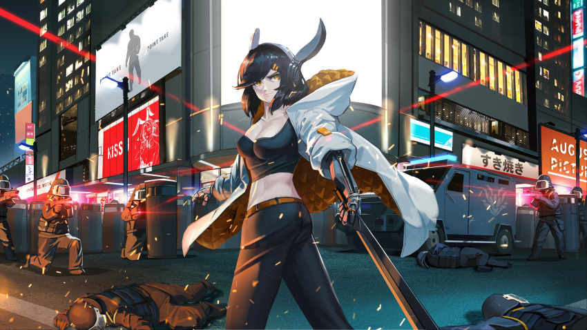 1girl 6+boys absurdres aiming black_hair breasts building bullpup cityscape cleavage collarbone commentary crop_top cyberpunk cyberpunk_2077 english_commentary gun headphones helmet highres holding holding_gun holding_sword holding_weapon hood hood_down hooded_jacket jacket laser_sight looking_back malharmonics mechanical_arms medium_breasts multiple_boys open_clothes open_jacket orange_eyes pale_skin police police_uniform policeman prosthesis prosthetic_arm riot_shield short_hair skyscraper sleeves_rolled_up smirk solo_focus surrounded sword uniform weapon wireless