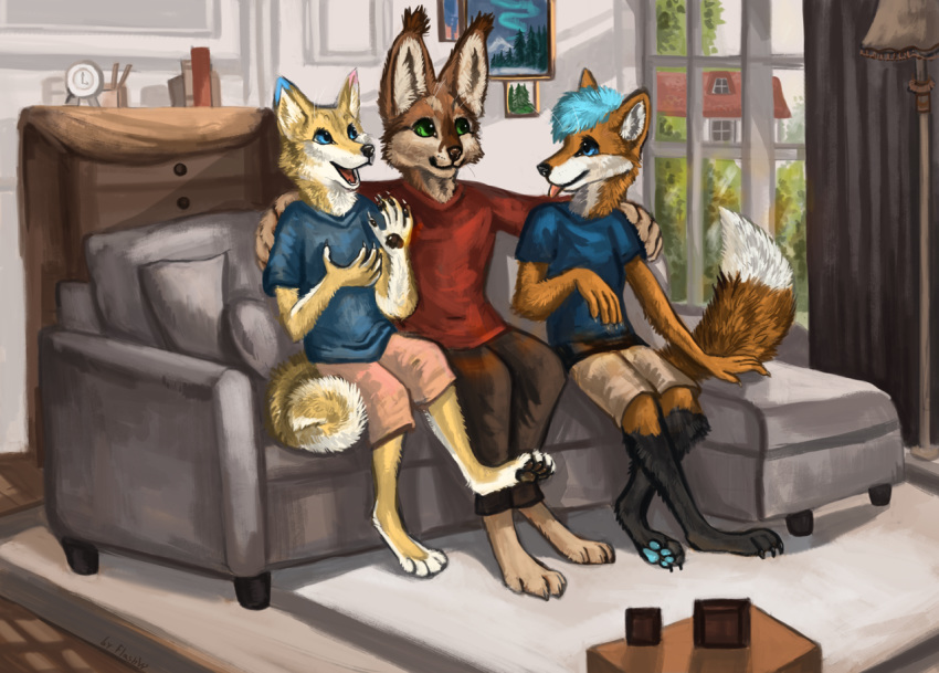 2020 4_toes 5_fingers anthro canid canine canis caracal caracal_(genus) clothed clothing detailed_background digital_media_(artwork) domestic_dog duo eyebrows eyelashes felid feline female fingers flashw fox male mammal open_mouth sitting smile teeth toes tongue