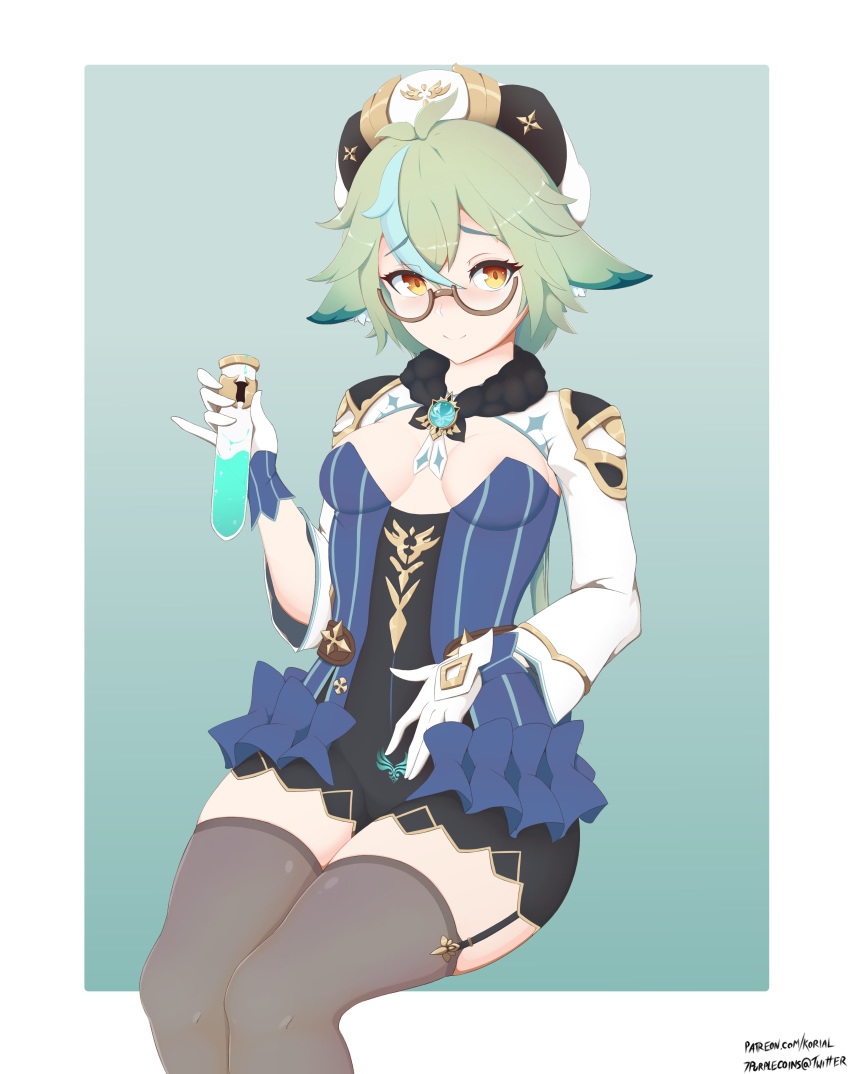 1girl absurdres animal_ears beret black_legwear blue_dress blush breasts cat_ears dress genshin_impact glasses gloves gold_trim green_hair hat highres korial long_hair long_sleeves looking_at_viewer multicolored_hair orange_eyes ponytail semi-rimless_eyewear solo sucrose_(genshin_impact) thighhighs vision_(genshin_impact)