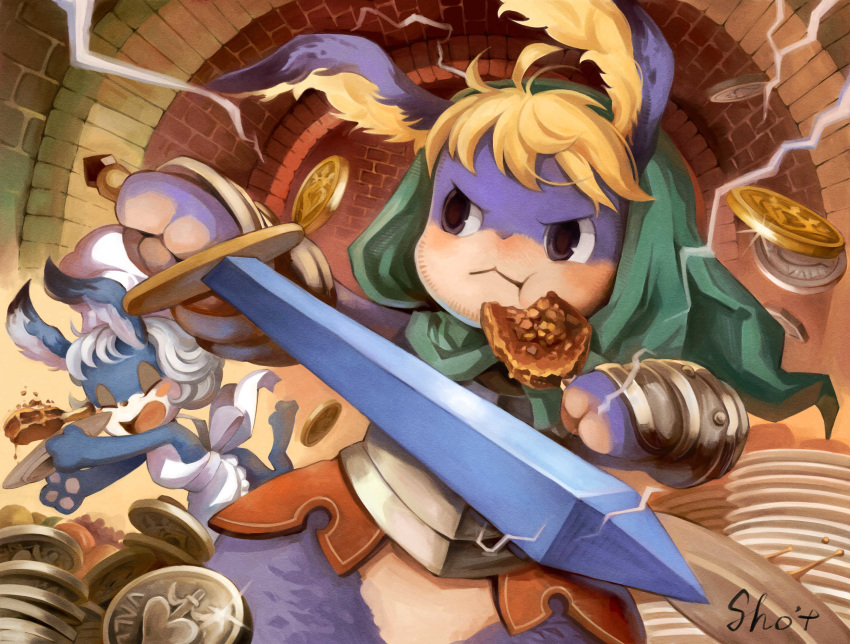 1boy 1girl animal_ear_fluff apron armor blonde_hair bunny closed_eyes coin cornelius_(odin_sphere) eating food furry green_hood highres holding holding_food holding_sword holding_weapon hood odin_sphere plate pooka_(odin_sphere) sho.t signature sparkle sword weapon white_apron white_hair