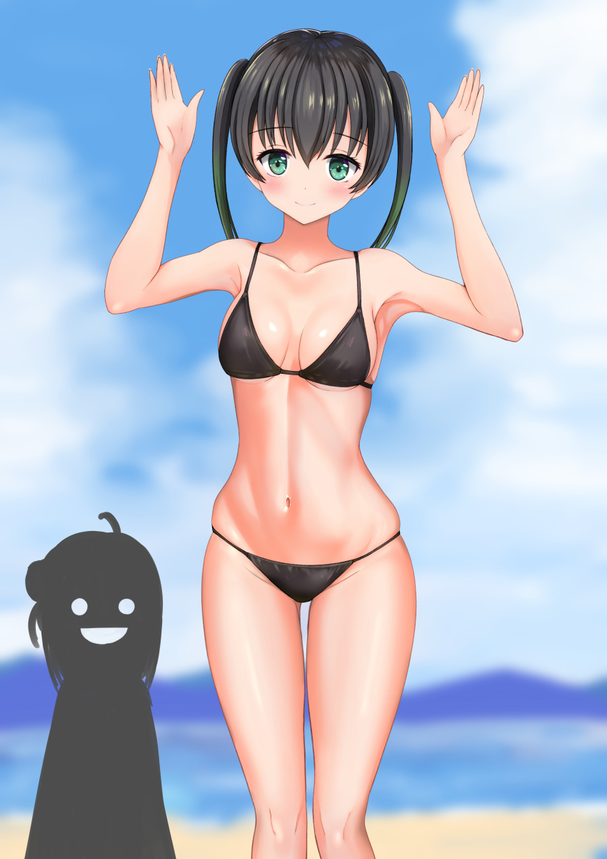 2girls absurdres bangs beach bikini black_bikini black_hair blue_sky blurry breasts cloud cowboy_shot day depth_of_field gauchi gradient_hair green_eyes hair_between_eyes highres love_live! love_live!_nijigasaki_high_school_idol_club medium_hair multicolored_hair multiple_girls ocean outdoors sky small_breasts solo_focus standing swimsuit takasaki_yuu twintails uehara_ayumu