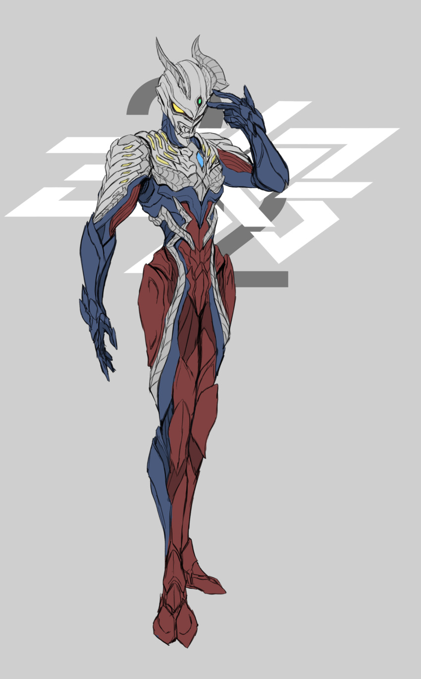 1boy 3ok absurdres green_eyes highres horns male_focus muscular sketch solo standing third_eye ultra_series ultraman_(1st_series) ultraman_zero_beyond w yellow_eyes