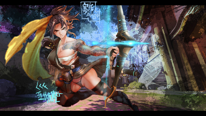 1girl 3d_background arm_tattoo asymmetrical_clothes black_hair black_panties bow_(weapon) breasts brown_eyes brown_hair budget_sarashi cleavage commentary_request cyberpunk dragon_tattoo fingernails genderswap genderswap_(mtf) gloves gourd hanamura_(overwatch) hanzo_(overwatch) holding holding_bow_(weapon) holding_weapon japanese_clothes large_breasts long_hair looking_at_viewer micro_panties overwatch panties pantyshot partially_fingerless_gloves ponytail pouch running sarashi serious single_glove single_sleeve solo tattoo thighhighs torn_clothes torn_legwear translation_request underboob underwear weapon zm