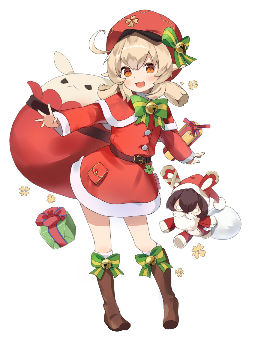 ahoge bangs baron_bunny beard bell belt blonde_hair boots christmas christmas_gift facial_hair genshin_impact hair_between_eyes highres klee_(genshin_impact) knee_boots low_twintails mearyo neck_bell neck_ribbon open_mouth pointy_ears red_eyes red_headwear ribbon santa_costume santa_dress twintails white_background