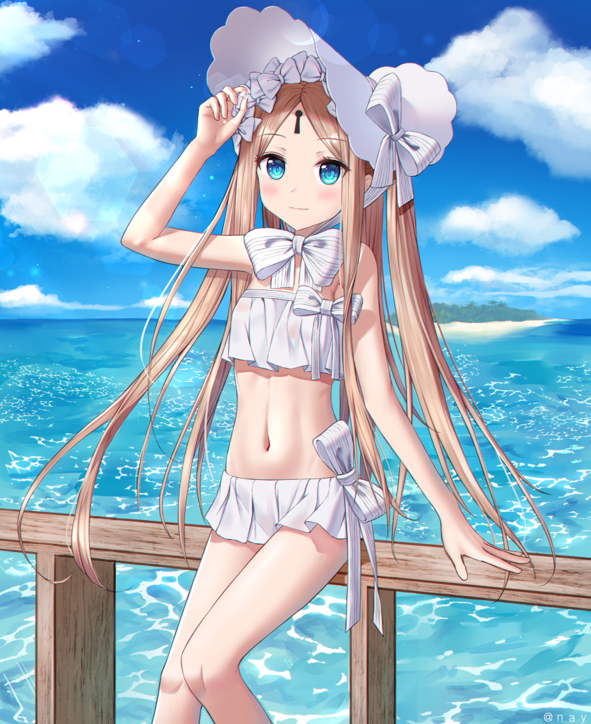 1girl abigail_williams_(fate/grand_order) abigail_williams_(swimsuit_foreigner)_(fate) absurdres arm_up bikini bikini_skirt blonde_hair blue_eyes bonnet bow cloud fate/grand_order fate_(series) forehead hair_bow hand_on_headwear highres keyhole long_hair miniskirt nay ocean outdoors railing ribbon sitting skirt sky smile solo swimsuit swimwear very_long_hair white_bikini white_headwear white_skirt white_swimsuit