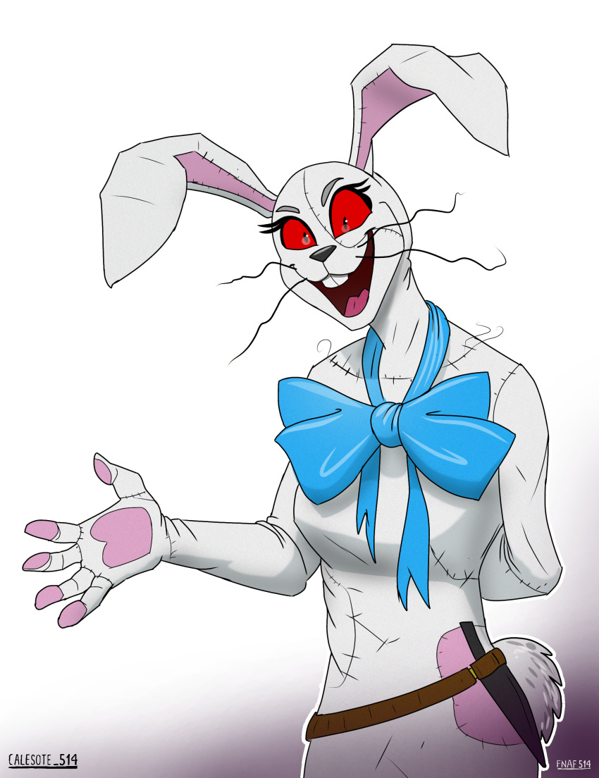 2020 5_fingers :d absurd_res anthro belt big_bow_tie big_ears black_eyes black_nose bow_tie breasts buckteeth calesote514 dilated_pupils eyebrows eyelashes female fingers five_nights_at_freddy's five_nights_at_freddy's:_security_breach grey_eyebrows hand_behind_back hi_res knife lagomorph leporid long_ears long_whiskers mammal multicolored_body open_mouth patch_(fabric) pawpads paws pink_body pink_tongue portrait rabbit red_sclera scut_tail simple_background smile solo standing stitch_(disambiguation) teeth tongue vanny_(fnaf) video_games weapon whiskers white_background white_body white_tail