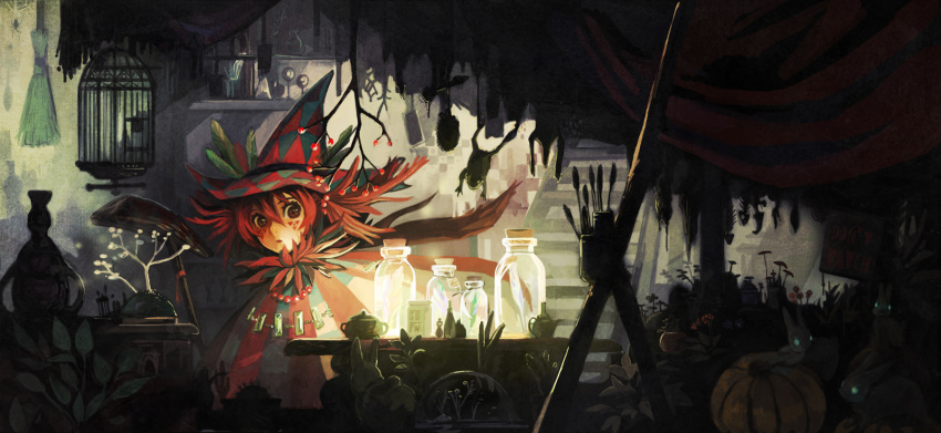 1girl bottle broom brown_eyes bug cage glowing hair_between_eyes hat highres jewelry leaf long_hair mame_usagi necklace original red_hair solo spider upper_body witch_hat