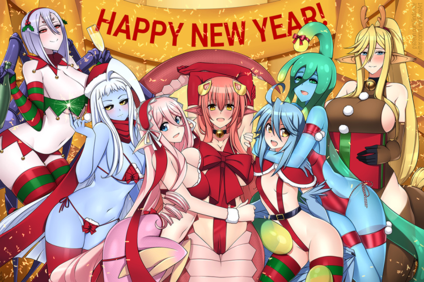 6+girls :d ahoge animal_ears arachne arm_strap armpits arms_up bangs bare_shoulders bell bell_choker belt bikini black_belt black_choker black_sclera blonde_hair blue_eyes blue_hair blue_skin blue_slime blue_wings blush bottle breasts brown_gloves brown_shirt capelet carapace centaur centorea_shianus choker cleavage colored_skin cowboy_shot cup detached_sleeves drill_hair drill_locks dullahan elbow_gloves english_commentary extra_eyes eyebrows_visible_through_hair fake_antlers fangs feathered_wings feathers fur-trimmed_capelet fur_trim gift gloves green_eyes green_hair green_legwear green_sleeves groin hair_between_eyes hair_ornament hairclip happy_new_year harpy hat head_fins holding holding_bottle holding_cup holding_gift horse_ears horse_tail hug hug_from_behind huge_ahoge huge_breasts insect_girl lala_(monster_musume) lamia large_breasts lindaroze long_hair looking_at_viewer maid_headdress mermaid meroune_lorelei midriff miia_(monster_musume) monster_girl monster_musume_no_iru_nichijou multiple_girls multiple_legs naked_robe navel new_year one-piece_swimsuit open_mouth papi_(monster_musume) party patreon_username pink_hair pointy_ears pom_pom_(clothes) ponytail rachnera_arachnera red_bikini red_capelet red_eyes red_gloves red_hair red_headwear red_legwear red_ribbon red_scarf red_sleeves red_swimsuit ribbon santa_hat scales scarf shirt short_hair side-tie_bikini sideboob sidelocks silver_hair sleeveless sleeveless_shirt slime_girl slingshot_swimsuit slit_pupils small_breasts smile spider_girl standing striped striped_legwear striped_sleeves suu_(monster_musume) swimsuit tail thigh_strap thighhighs twitter_username underboob upper_teeth very_long_hair white_hair winged_arms wings yellow_eyes