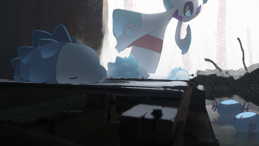 absurdres asteroid_ill closed_eyes dark froslass gen_2_pokemon gen_4_pokemon gen_8_pokemon highres no_humans outdoors partially_submerged pokemon pokemon_(creature) snom wooper