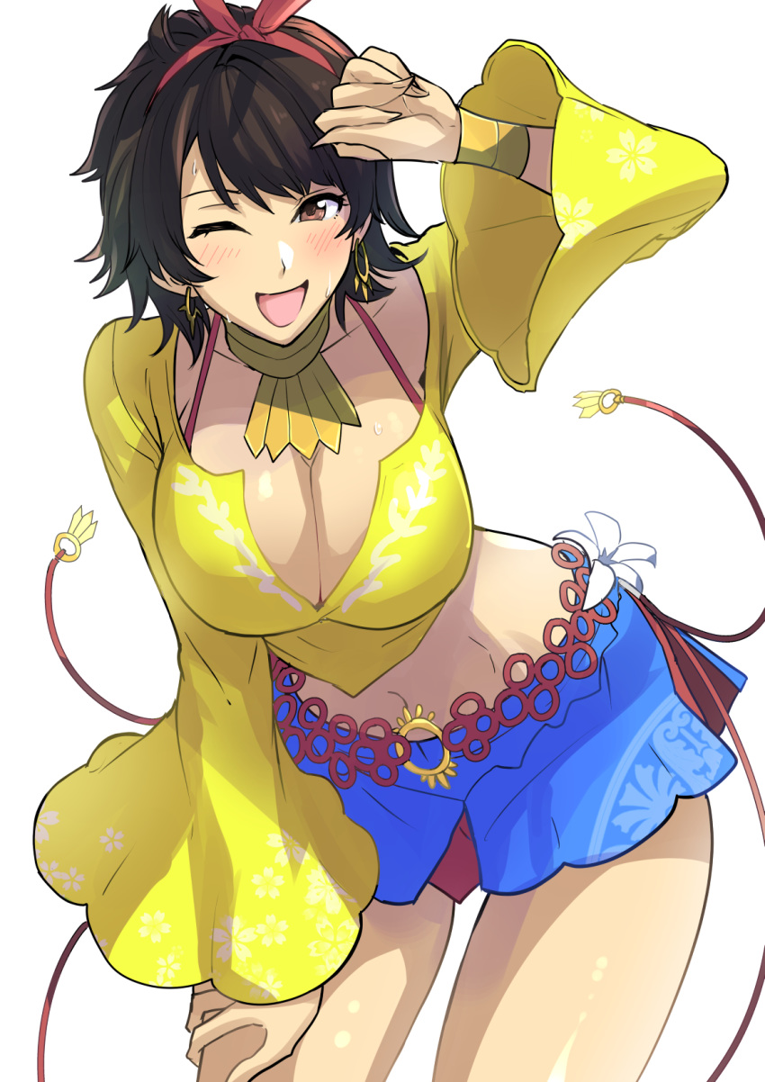 ;) belt bikini black_hair blue_skirt blush bracelet breasts brown_eyes clash_kuro_neko cleavage earrings hairband highres hoop_earrings jewelry josie_rizal large_breasts looking_at_viewer miniskirt navel neck_ring one_eye_closed plunging_neckline red_bikini red_hairband short_hair skirt slender_waist smile spaghetti_strap sweat swimsuit swimsuit_under_clothes tekken v-neck wide_hips wide_sleeves